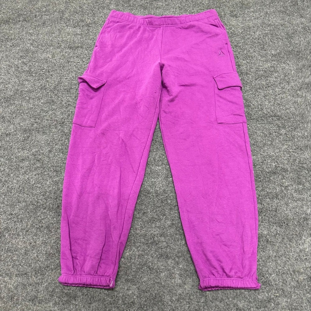 Reebok Sweatpants Womens Size L Purple Cargo Fleece Joggers Delta Logo Sporty